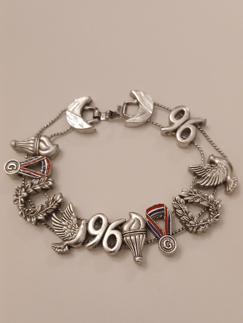 Vintage 1996 Olympic Charm Bracelet with Medal & Torch Motifs, Silver Tone